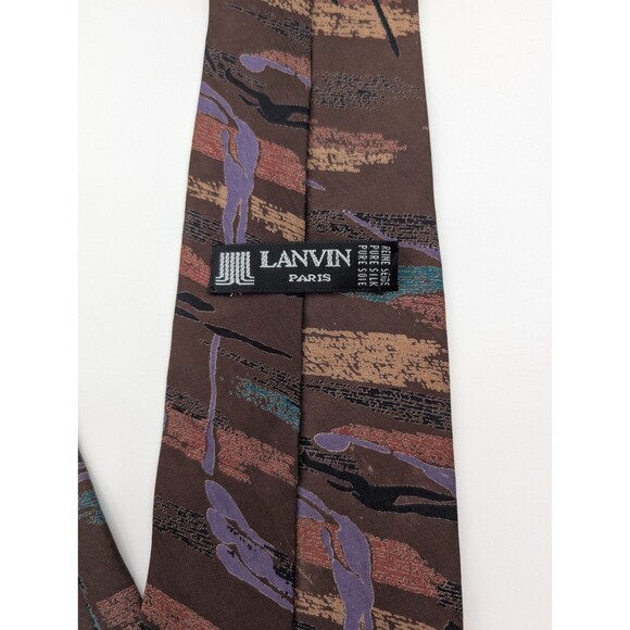 Lanvin Paris 100% Pure Silk Tie Necktie Abstract Brown Vintage Retro Print - Picture 1 of 5